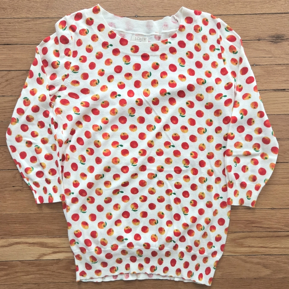 J. Crew White Crewneck Sweater with Red and Orange Peach Dot Print